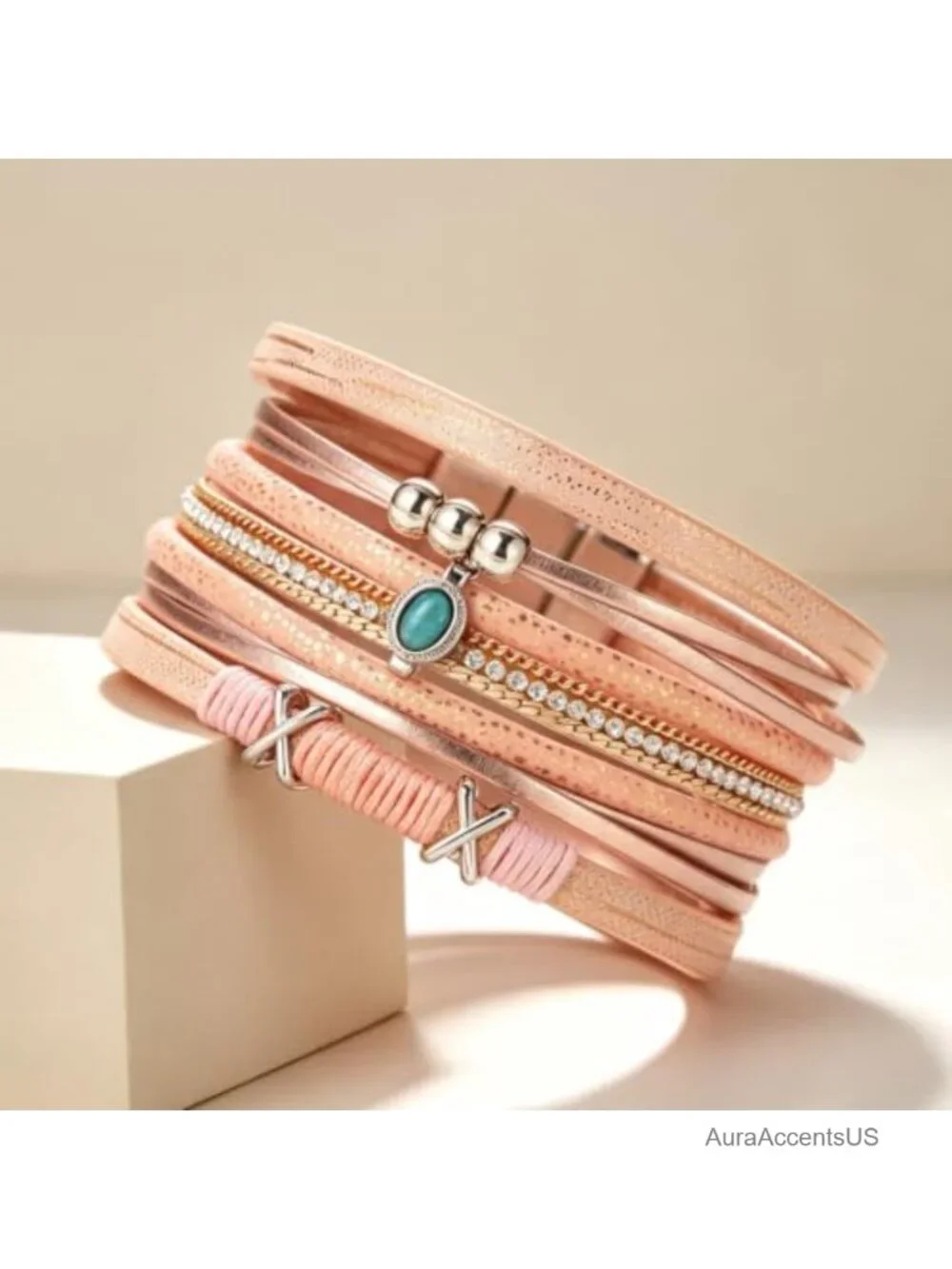Layered Wrap Leather Cuff Bracelet Boho Rhinestone Clasp